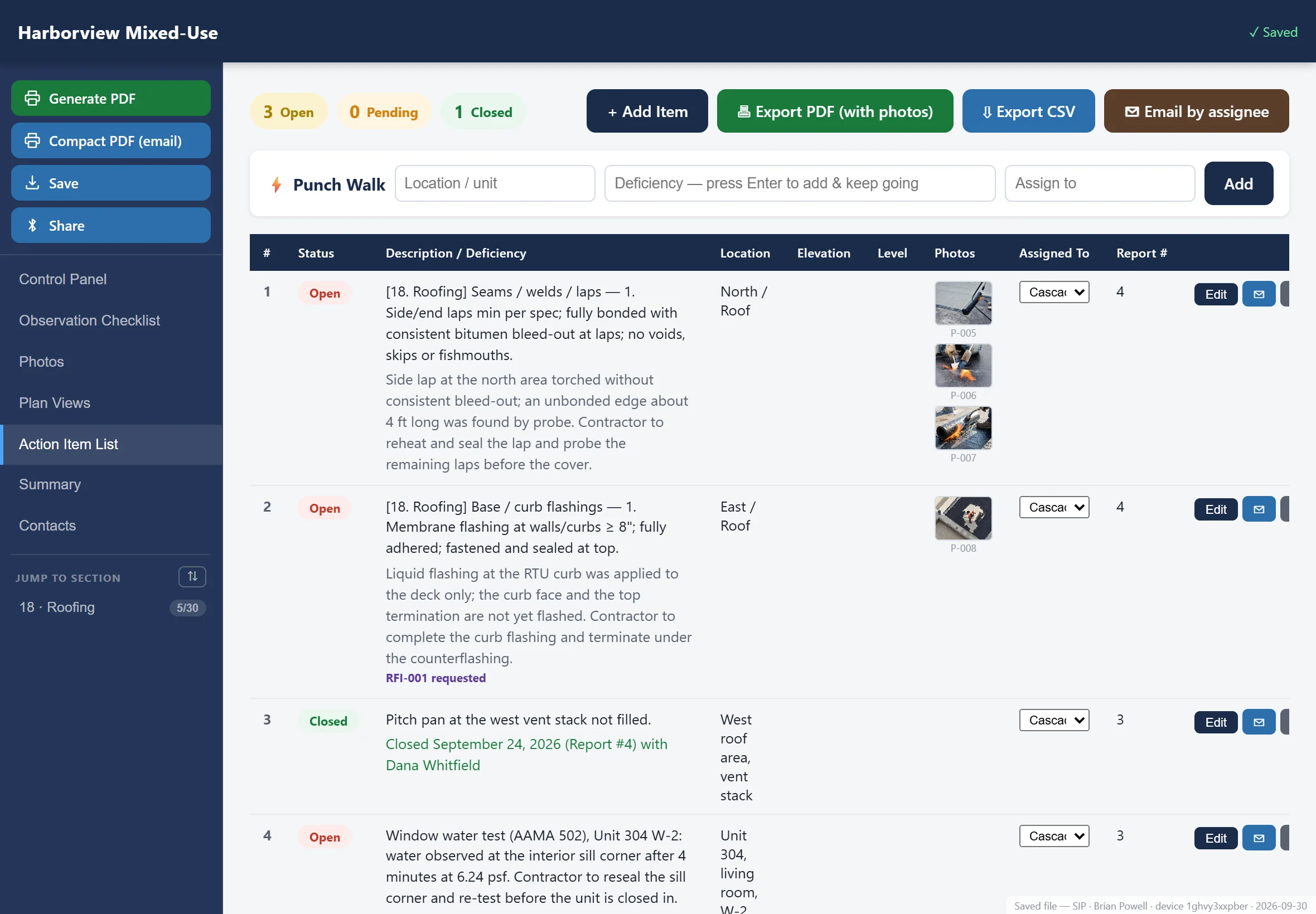 The app on an iPad: the action item list for a visit, each item with its number, responsible party and status.