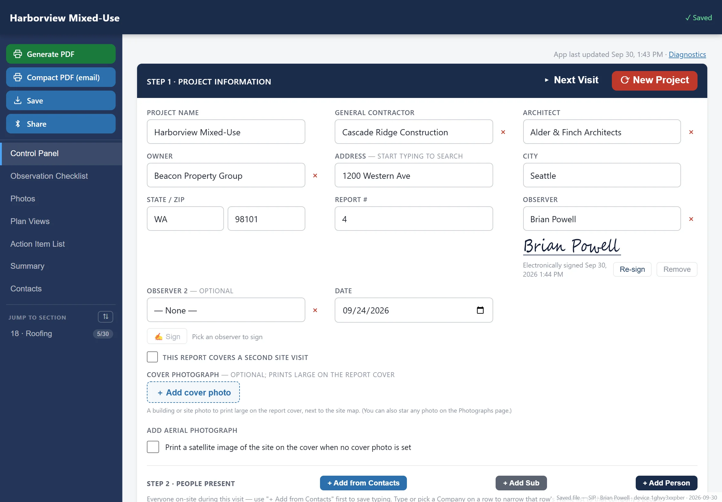A saved report file opened in a browser: the whole visit, editable, with the saved-file note along the bottom.