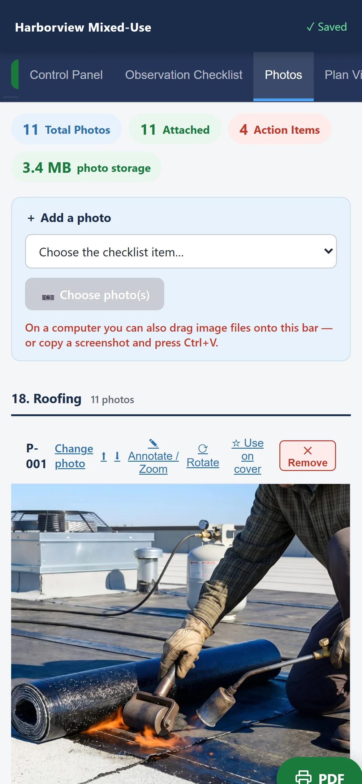 The same visit on a phone: the Photos page, with photograph P-001 and its counts.