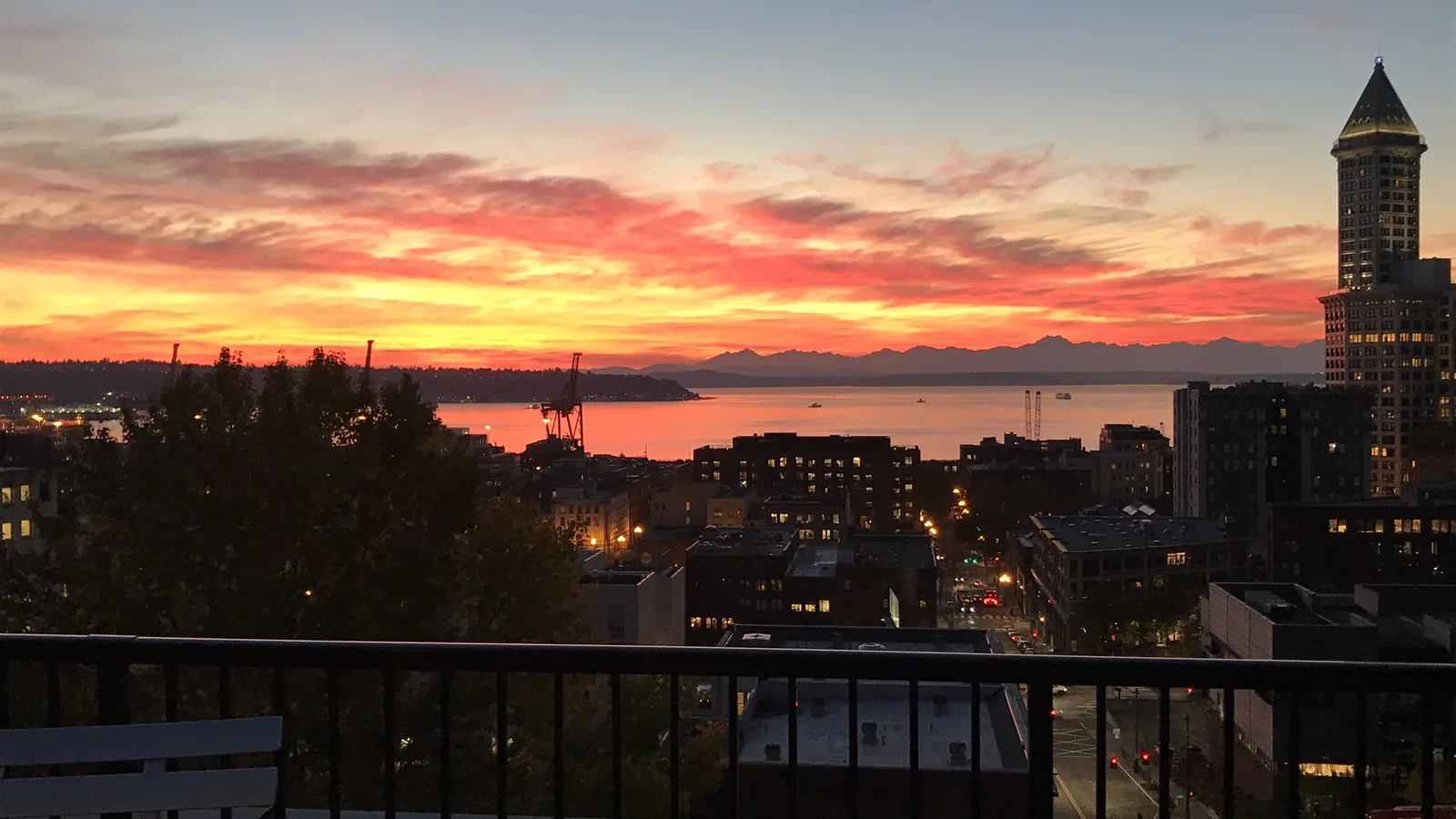 Elliott Bay at sunset from Seattle, with Smith Tower and two tower cranes on the skyline.