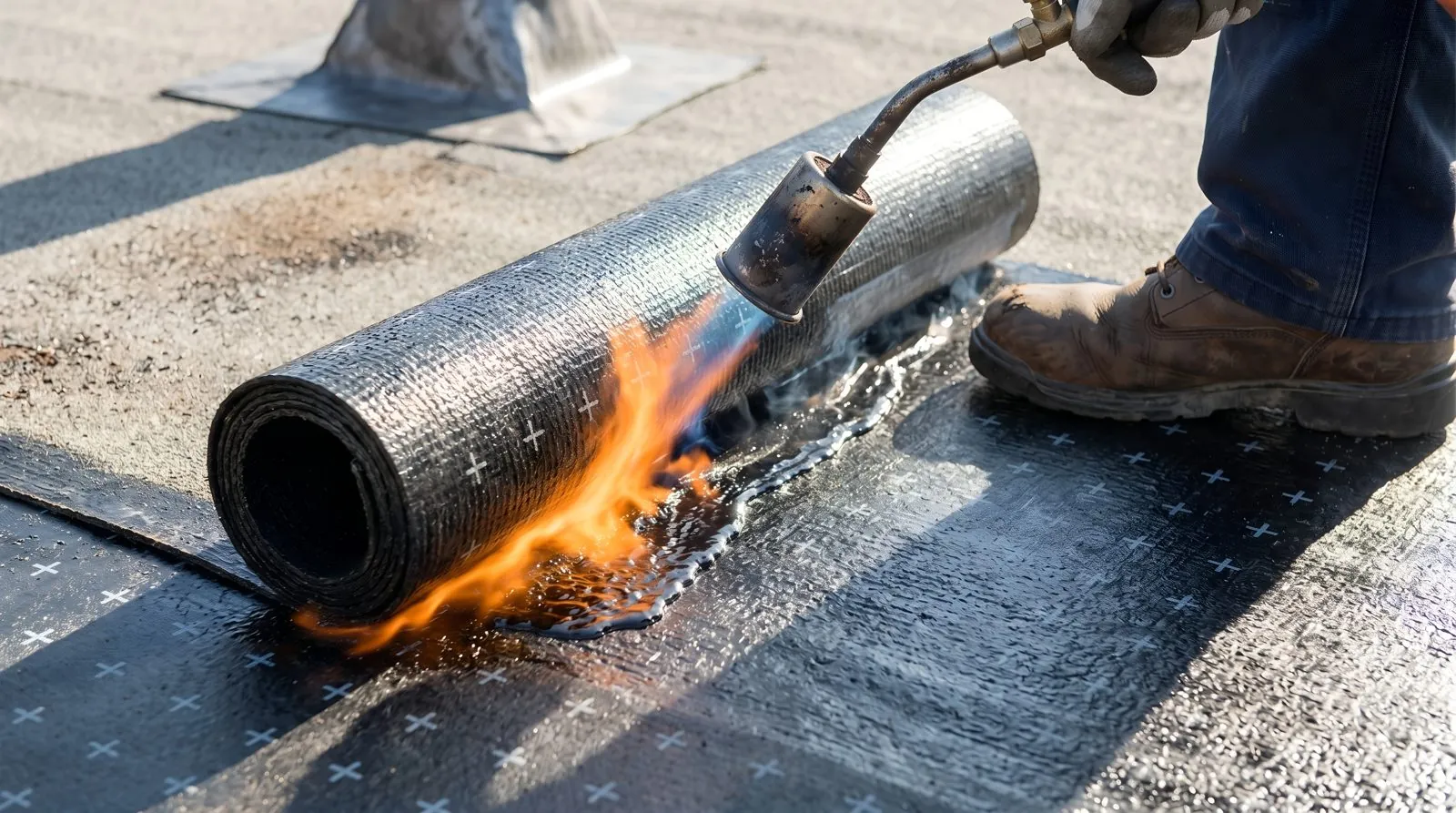 A roofer torch-applying a cap sheet over base flashing at a parapet.