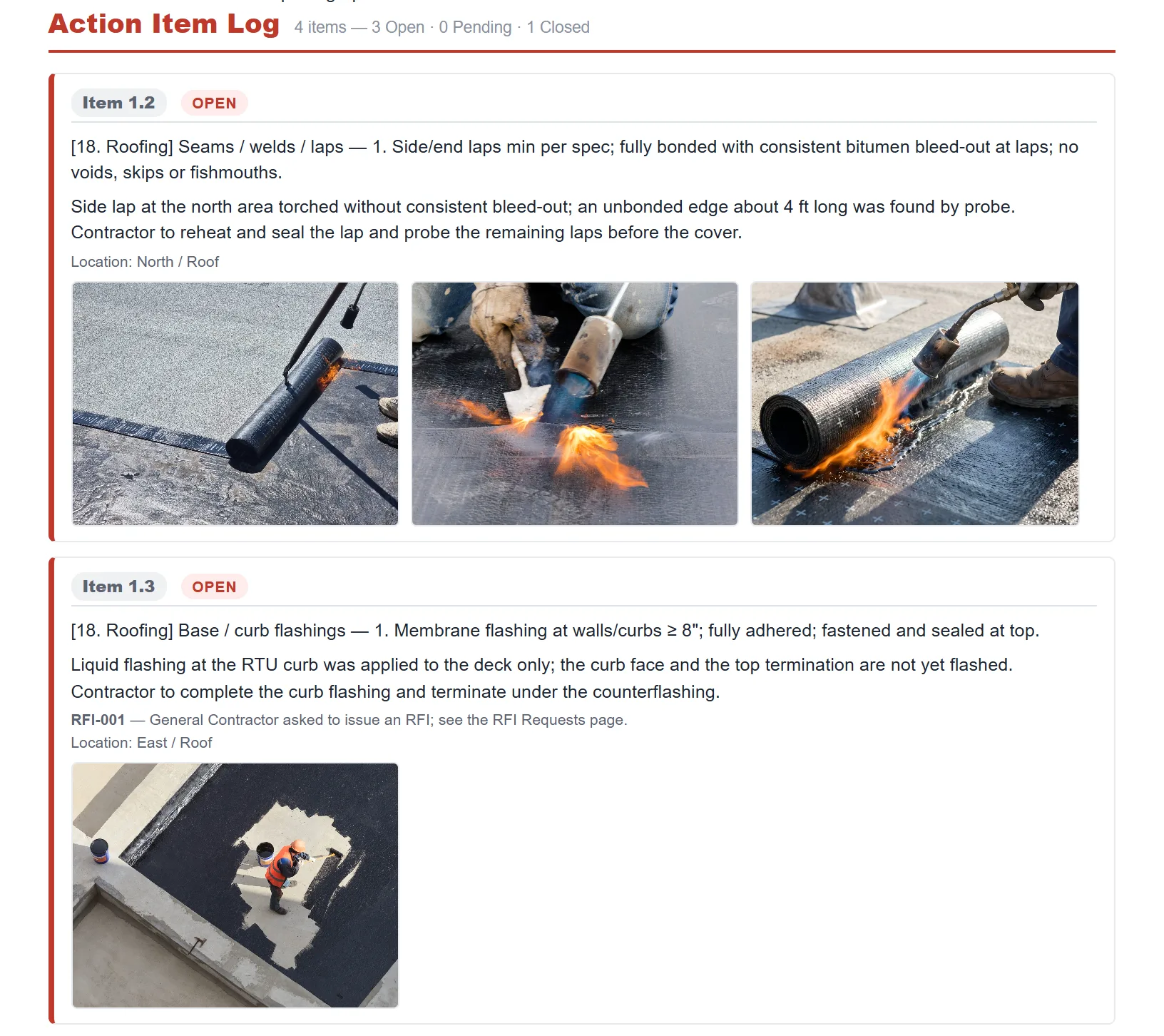 An action item log page: one card per item with its number, responsible party, location, status and photographs.