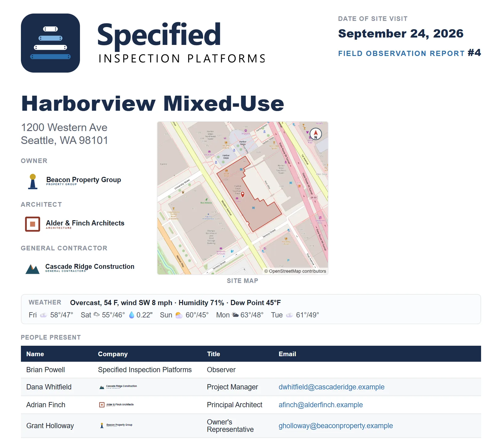 A report cover page: firm logo, project name and address, the project team with their logos, a site map, the weather on the day, and who was present.