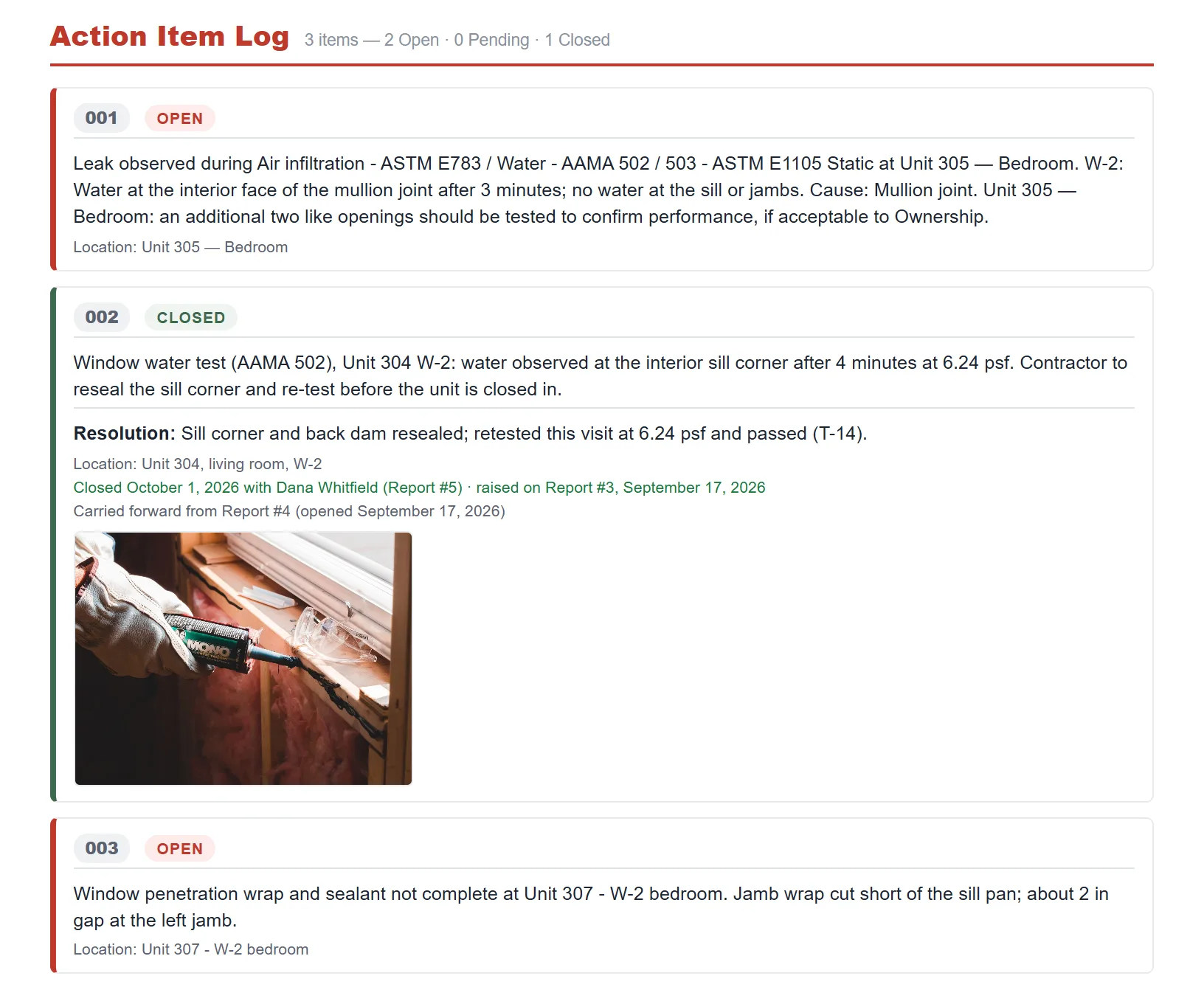 An action item log from a testing visit: open items, a closed item with its resolution and the date it was closed, and the photograph attached.